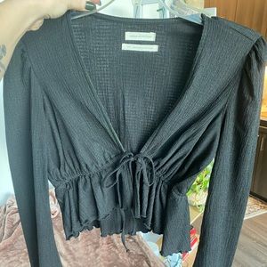 Urban Outfitters tie front puff shoulder flutter sleeve crop